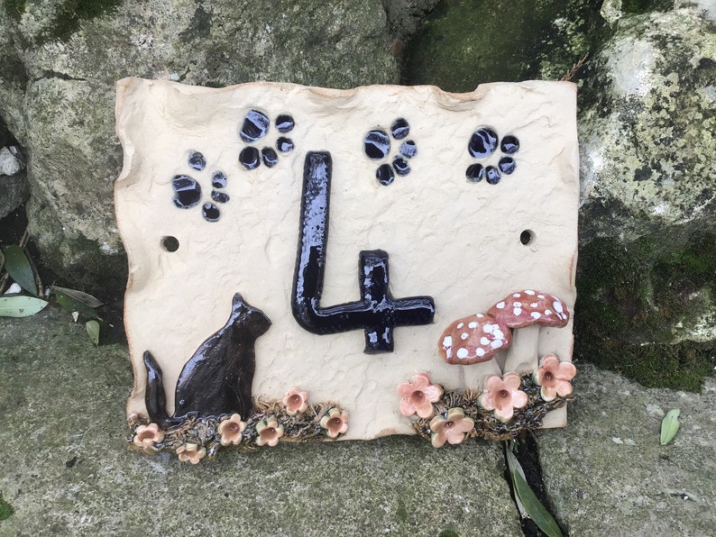 House number plaque ceramic door numbers cat and paw prints. Etsy