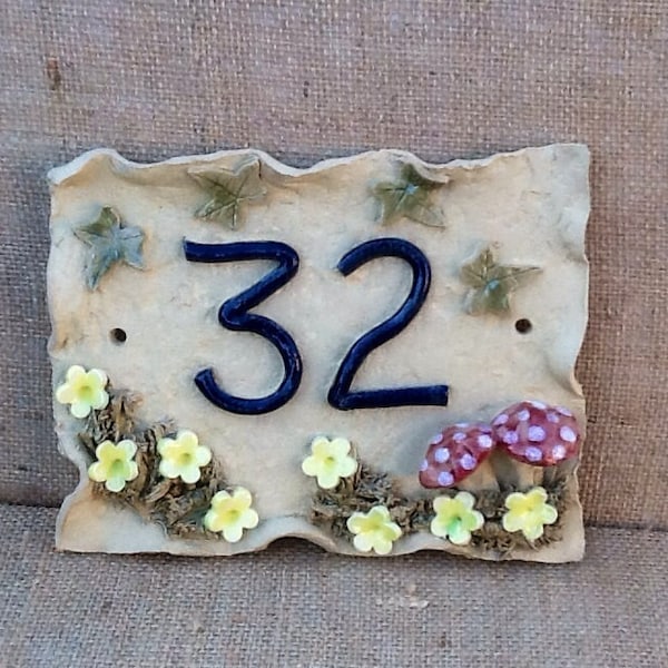 House number plaque, ceramic door sign, cottage garden design.