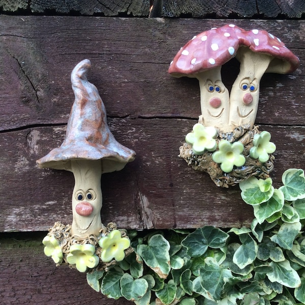 Fairy garden mushroom men, garden wall mushrooms, hand made ceramic tree ornaments.   Sold as a pair.