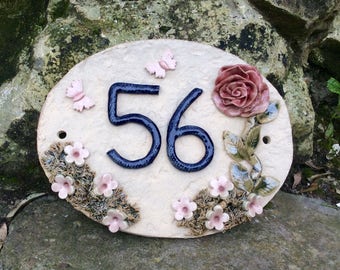 Door Sign, House Number Plaque,  ceramic door numbers, yard sign, home address, rose and butterfly design