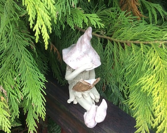 Handmade Shy Fairy Garden Figurine, Stoneware Clay Reading Fairy Tale Book