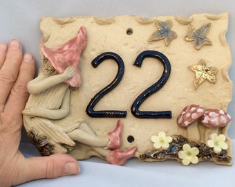 House number plaque, ceramic door sign with a fairy design.
