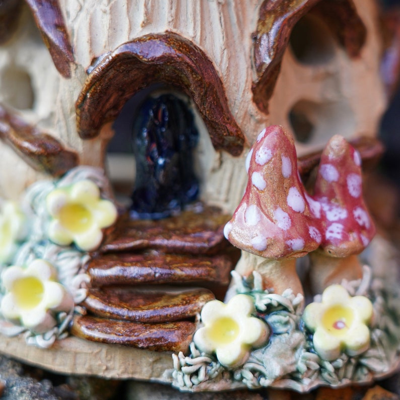 Fairy house tea light holder, ceramic candle holder, night light. image 5