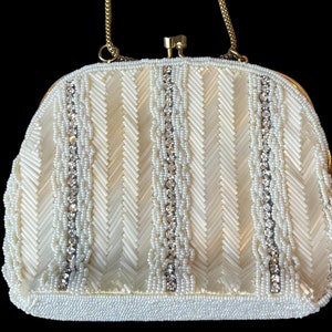 RHINESTONE PURSE With CHAIN…White Beads and Tube Beads…Double Sided Design…Gold Snaps…Satin Interior w/ Pocket…Hong Kong…1960s #116