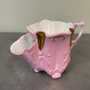 LUSTERWARE SHAVING MUG…Pink…Scroll Design…Gold Accents…Ornate Handle…Footed…Germany…255…Vintage