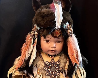 INDIAN BABY DOLL…Large Doll…Feathered Headdress and Native Outfit…Gorgeous!