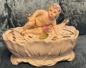 CHERUB COVERED DISH...Royal Healy...Cherub Laying Across Lid...Floral...Gold Edging...1950s #115