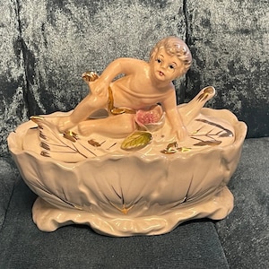 CHERUB COVERED DISH...Royal Healy...Cherub Laying Across Lid...Floral...Gold Edging...1950s #115