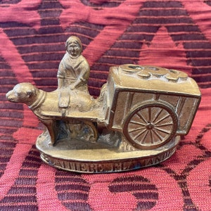 MILK SELLER & CART Vintage Solid Brass…Belgian Souvenir…Heavyweight…Paperweight…”Laitiere Flamande”…Home Decor…Vintage #635