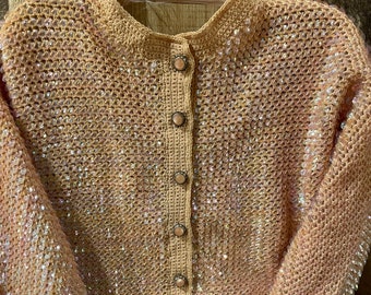 PINK SEQUIN SWEATER…Hand-Knitted…Soft…Shiny…Button Up…Rounded Collar…Vintage #000BX3