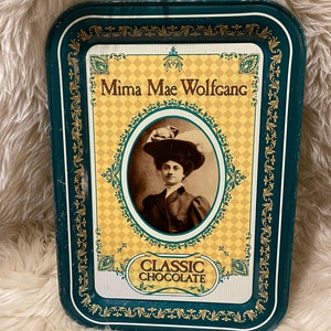 CHOCOLATE BOX…Mima Mae Wolfgang Tray…Tin…Serving Tray…Life Story On Back…Wolfgang Chocolate Company…Victorian…Collectible…1980s #752