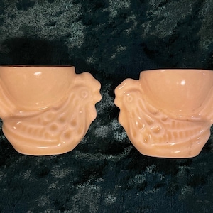 ROOSTER EGG HOLDERS…Set of 2…Cream with Brown Rims…Vintage #411