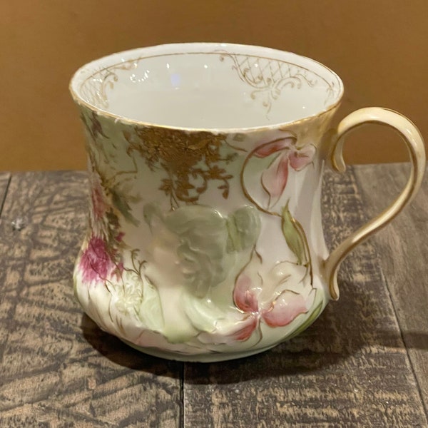 HIDDEN IMAGE MUSTACHE Cup/Teacup…Antique R.S. Prussia…Floral Cup…Raised Gold Accents…Star Mark…Pastel…Hand Painted…Rare Find! 1900s