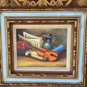 STILL LIFE PAINTING…Hand Painted on Canvas…Violin…Textured and Layered Wooden Frame……Blue Painted Edging…Canvas Border…Signed…1970s #G000