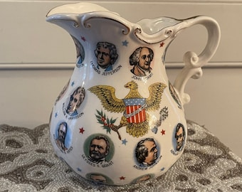 PRESIDENTIAL PITCHER… American Presidents…Chadwick Miller…Collector Pitcher…Gold Scrolled Accents…Ornate Handle…American Eagle…1965 #W.T.