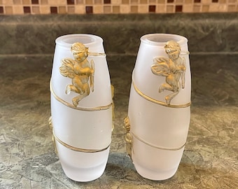 GLASS CHERUB VASES…Frosted Glass With Gold Cherubs…Cylinder Design…Vintage #578