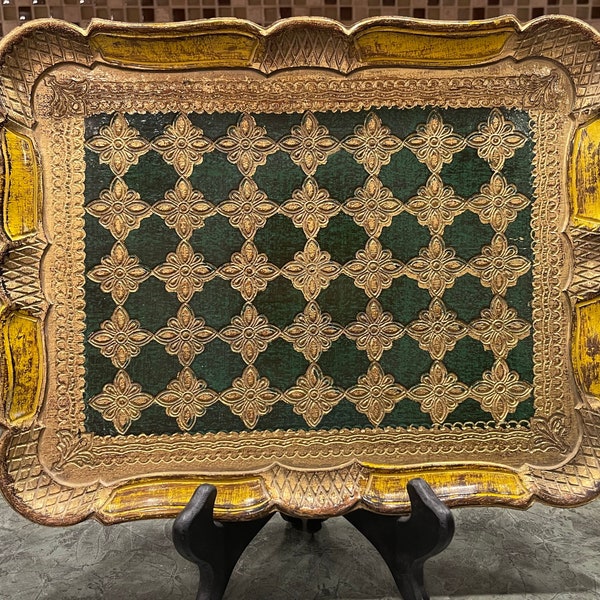 FLORENTINE HANDPAINTED TRAY…Italy…Pattern Tray in Green, Gold and Yellow…Etched and Textured…Gold Back…Glaze…Scrolled Edging…Gorgeous! #000