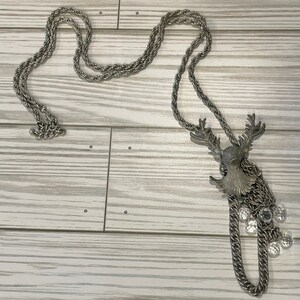 DEER & CRYSTAL NECKLACE…Silver Plated…Large Pendant and Extra Long Chain…Unique! Vintage *000