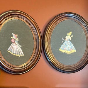 ANTIQUE NEEDLEWORK ART…Set of 2…Silhouettes…Framed Needlepoint…Hand Stitched…Thick Wooden Frames…Glass Faces…Paper Backing…Circa 1900 #Picbx