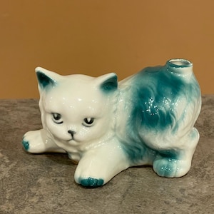 CAT PEN HOLDER…Blue and White…Hole to Insert a Pen…Ceramic…Painted Face…Cat Collectible…Cat Decor…1960s #36