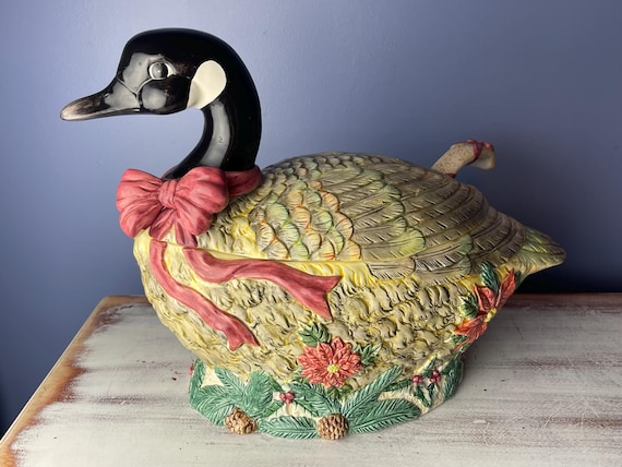 GOOSE TUREEN…Y.H...Christmas Goose Tureen…3-Piece Set…Base, Lid, Serving Spoon…Black & White…Poinsettia Design...Bow…Christmas…1997 #W.T.3
