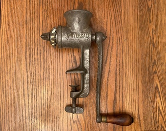 ANTIQUE MEAT GRINDER…L.F. & C…Universal No. 1…Cast Iron…Hand Crank…Wooden Handle…New Britain, Connecticut…Counter Clamp…1899