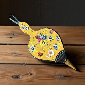 FIREPLACE BELLOWS…Wooden…Pansies, Butterflies, Flower Transfers…Leather Interior…Metal Rivets…Gold Metal Tip…Vintage Fireplace Decor #00Bx10