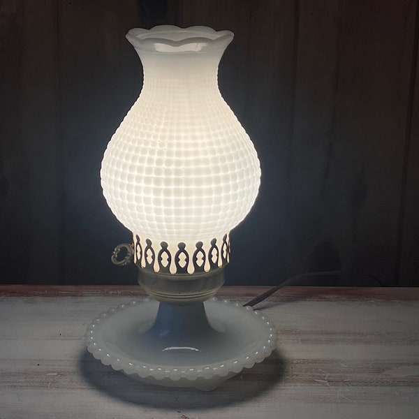 MILK GLASS LAMP…Table Lamp…Hobnail…Scalloped Edge…Jewelry Tray…Beaded Edge…Hurricane Chimney…Key Turn…Underwriters Laboratory…Electric…1960s