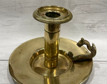 DRAGON CANDLE HOLDER…Brass/Gold Metal…Lightweight…Antique…Chamber Stick…Solid Brass Dragon Finger Handle…Bradley & Hubbard…late 1800s...#755