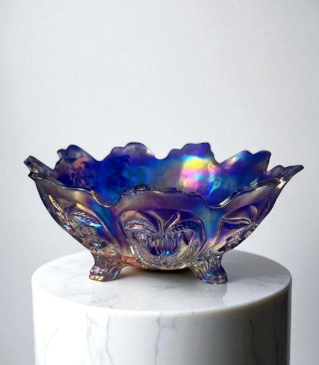 AURORA FLORAL Bowl…imperial Carnival Glass Jewel Bowl…scalloped