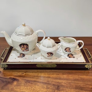 UMBRELLA TEA SET…6-Pc…"Stormy Weather"…Porcelain…Danbury Mint…Gold Trim…Umbrella Lids…Hummel Children Artwork…Raindrop Detailing…1980s