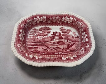 COPELAND SPODE Vegetable Bowl…Pastoral Bridge, Castle/Tower, Trees, Birds…Scalloped Rim.…Pink Transferware…Oval Vegetable Bowl…1930s