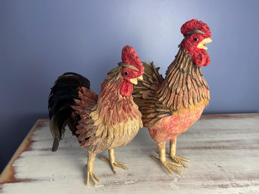 ROOSTER AND Chicken…set of 2…large, Lightweight…real Tail Feathers