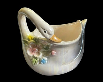 LUSTERWARE SWAN PLANTER…Basket…Large, Colorful Floral Design…Large,..Textured…Graceful…Purple and White…Vintage #WB1