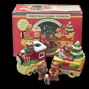 CHRISTMAS TEDDY EXPRESS…Giftco…Porcelain Music Box and Tealight Candleholder…Plays “Toyland”…5-Pieces…Original Box…Taiwan R.O.C. 1990s #Ch