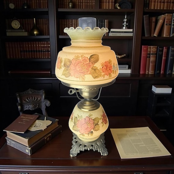 FLORAL GLASS LAMP…Gone with the Wind…3-Way Lighting…Pink Roses/ Flowers…Crackle Paint…Ruffled…Antique Metal…Leaf Base…Key Turn…1970s #000B