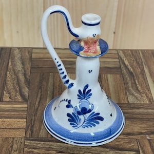 DELFT POTTERY CANDLEHOLDER…Blue and White…Elongated Side Handle…Floral Design…For a Small Narrow Taper…Painter Initials…B.L…1942 #568