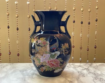 PEACOCK VASE…Black Floral Vase…Two Peacocks…Reflective…Colorful Flowers…Gold Rim and Accents…Japan 1950s/60s