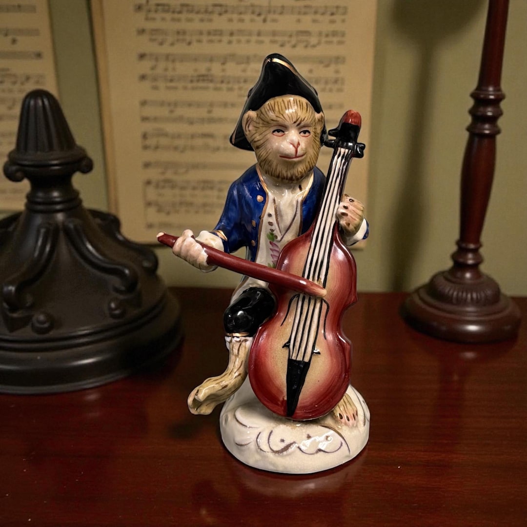 MUSICAL MONKEY FIGURINE… Meissen Style…monkey Band…double Bass