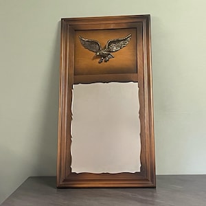 WOODEN EAGLE MIRROR…Gold Raised Metal Eagle…Bordered Wood…Scalloped Frame…Long, Rectangular Mirror…Patriotic/Federal…Rare, Unique…1970s #W0