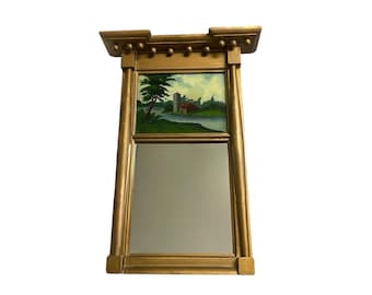 REVERSE PAINTING MIRROR…Federal Style…Ball Design…Wooden…Reverse Painting of a Country Barn and Landscape Scene…Glass Covered…Columns…1900s