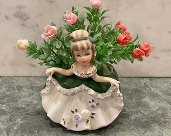 RELPO LADY PLANTER…K1638…Green Dress and Hair Bow…White Textured Edging with Gold Accents…Raised Flowers…Spaghetti Trim…1960s…Japan #845