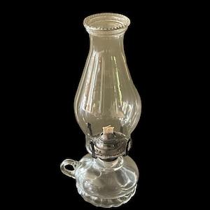 GLASS OIL LAMP…Lamplight Farms…Clear Glass Chimney and Base…Metal Hardware…Fabric Wick…Finger Loop…  Beaded Chimney Edge…U.S.A…1990s #W.T.
