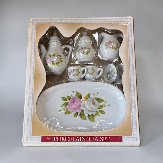 PORCELAIN TEA SET…Boxed…Never Used…Royal Norfolk/Greenbrier…8-Piece w/2 Lids…Porcelain, Miniature/Dollhouse…Pink&White Roses 1990s #W.Bx8