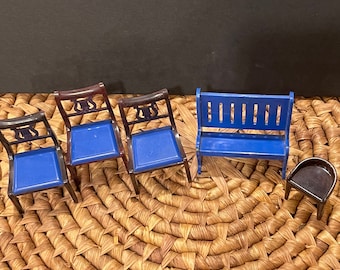 IDEAL DOLLHOUSE FURNITURE…3 Plastic Dining Chairs, a Bench and a Small Table…Brown and Blue…I-948-9…U.S.A.…1960s