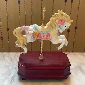 MUSICAL CAROUSEL HORSE…Rotating Horse…Bottom Winder…Bisque Horse with Rose Design…Brass Pole…Wooden Base…”My Hero”…1980s #W.T.