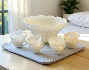 PUNCH BOWL SET…Anchor Hocking…White, Opaque Milk Glass…Raised ”Harvest Grape” Pattern…8 Handled Cups…Grapes, Leaves & Vines…Scalloped…1960s