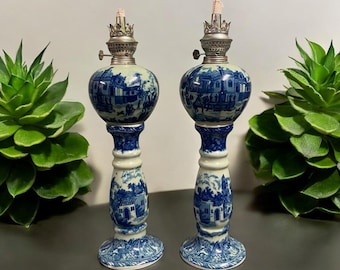 VICTORIA WARE Oil Lamps…Vintage Lamps…Blue and White…Pedestal Lamps…Metal Crimps and Knobs…Fabric Wicks…1970s-90s