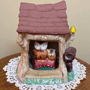 OWL LIGHT UP House…Owl and Baby Perched Inside their Log Home…Nightlight…Vintage…Taiwan