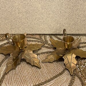 HOLLY LEAF CANDLEHOLDERS…Pair…Finger Hold Handles…Brass…Layered Holly Leaf Design…Taper Candle Holders…Holiday…Christmas…Textured…India #855